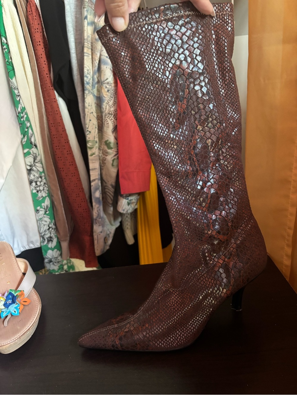 Snakeskin-Texture Brown Mid-Calf Heel Boot